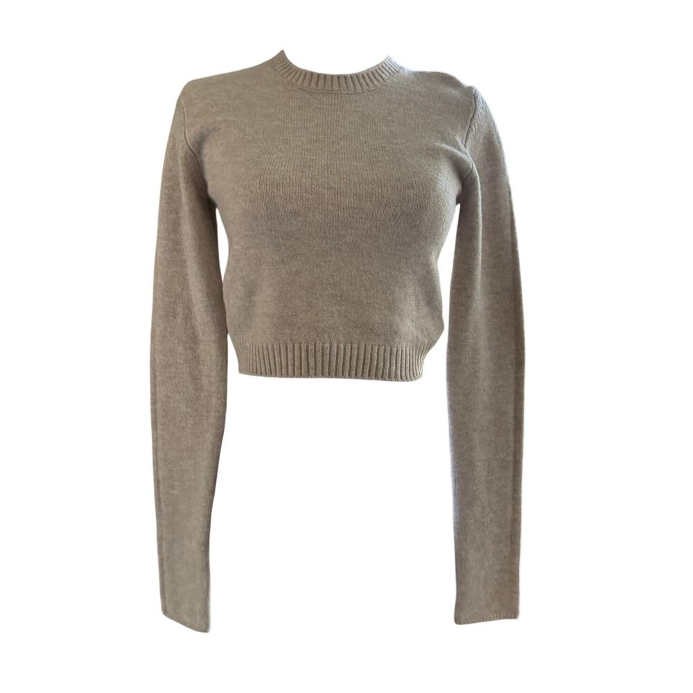 NWT Garage Cropped Crew Neck Knit Sweater Beige Oatmeal Small Long Sleeve Fall